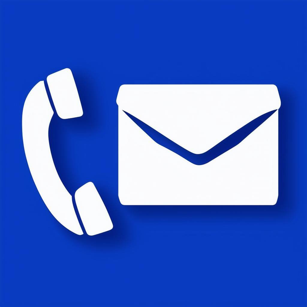 1 telephone receiver, 1 email symbol and 1 envelope as 3 white pictograms next to each other on a blue background